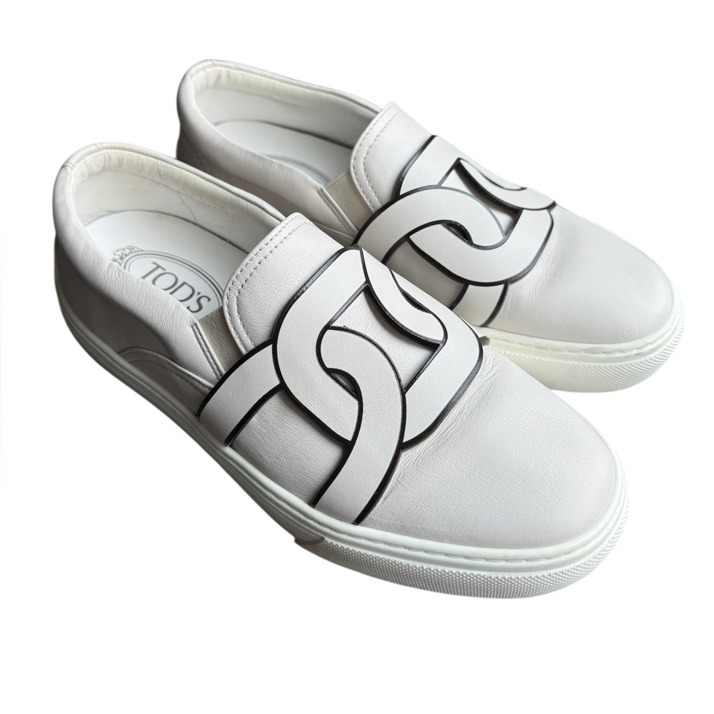 Tod’s women’s Kate light gray and black leather slip on shoes size 39  US 9